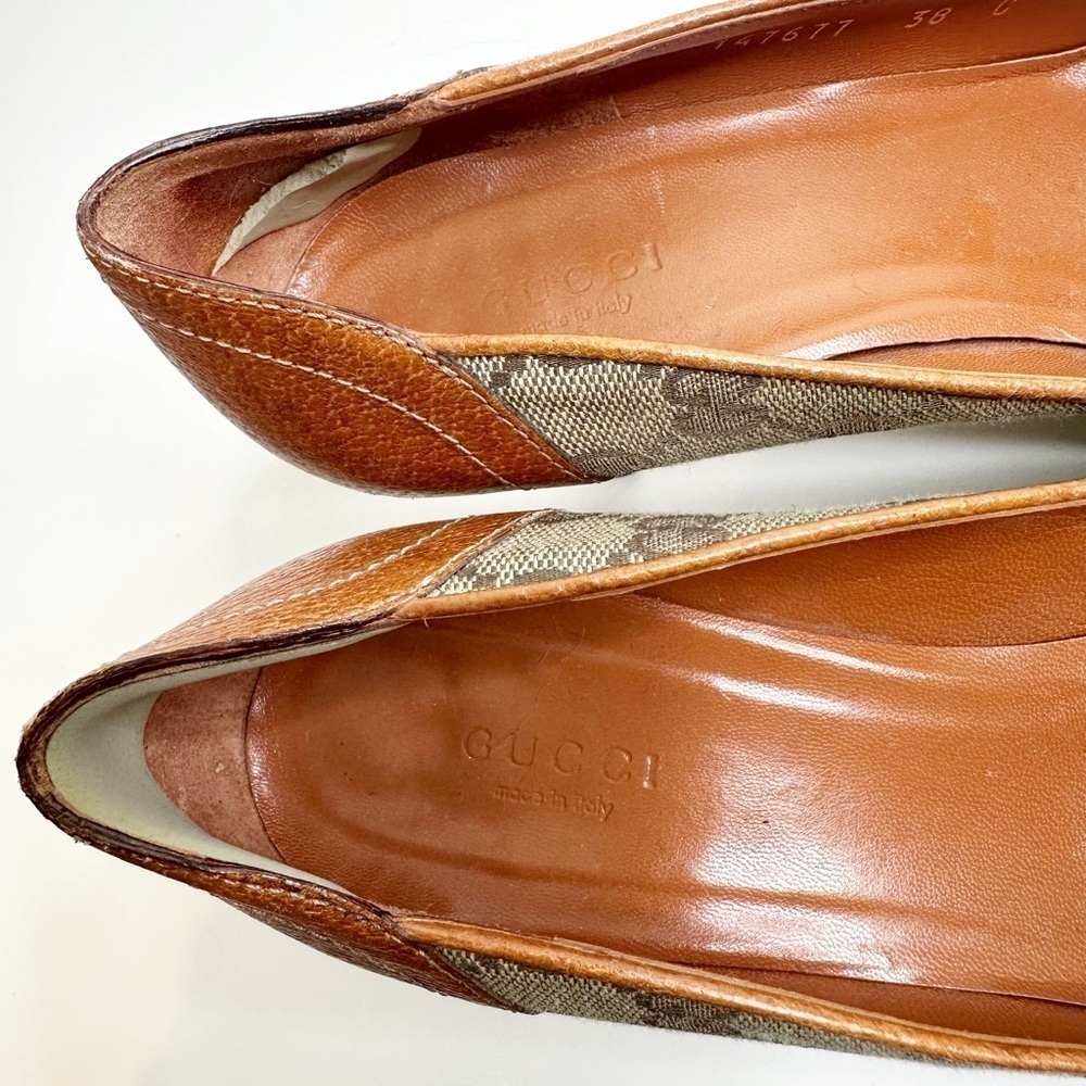 GUCCI GG Monogram Canvas Buckle Pumps Leather Trim Brown Grey Women's 38 US 7.5 - Picture 9 of 10